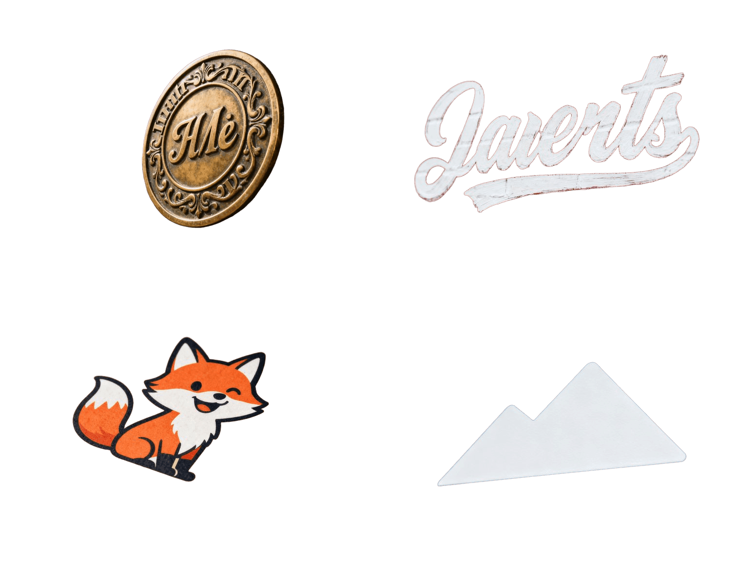 Bulk background remover before and after: four brand assets — a brass badge, a brick-wall wordmark, a printed mascot, a minimal sign logo — batch lifted onto clean transparency — after