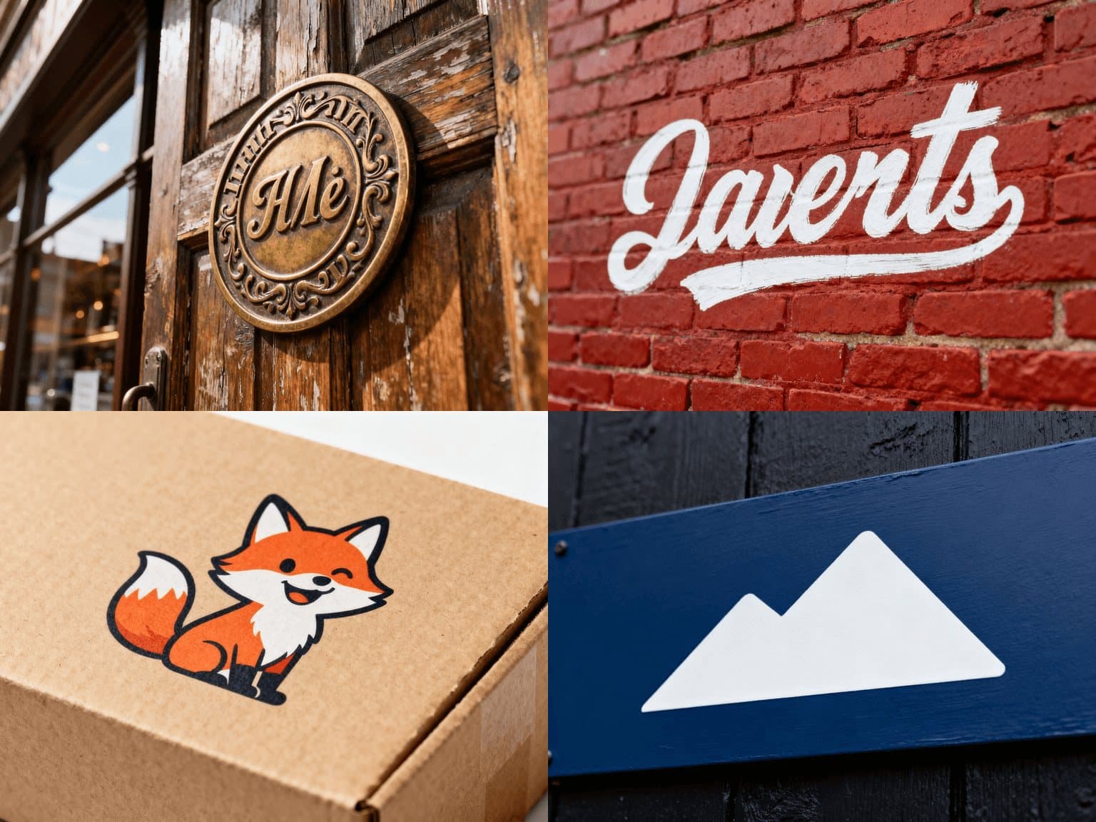 Bulk background remover before and after: four brand assets — a brass badge, a brick-wall wordmark, a printed mascot, a minimal sign logo — batch lifted onto clean transparency — before