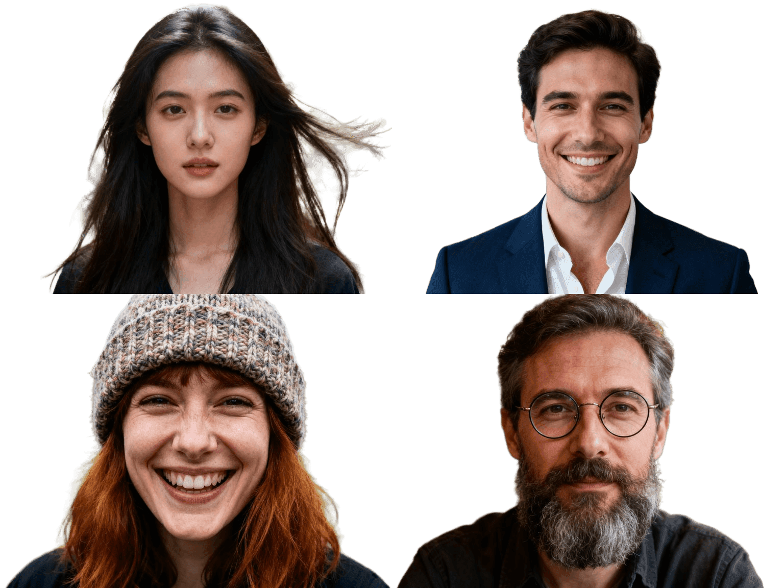 Bulk background remover before and after: four portraits — long hair in the wind, a suit headshot, a beanie hat, a bearded man with glasses — batch cut out with hair-level edges — after