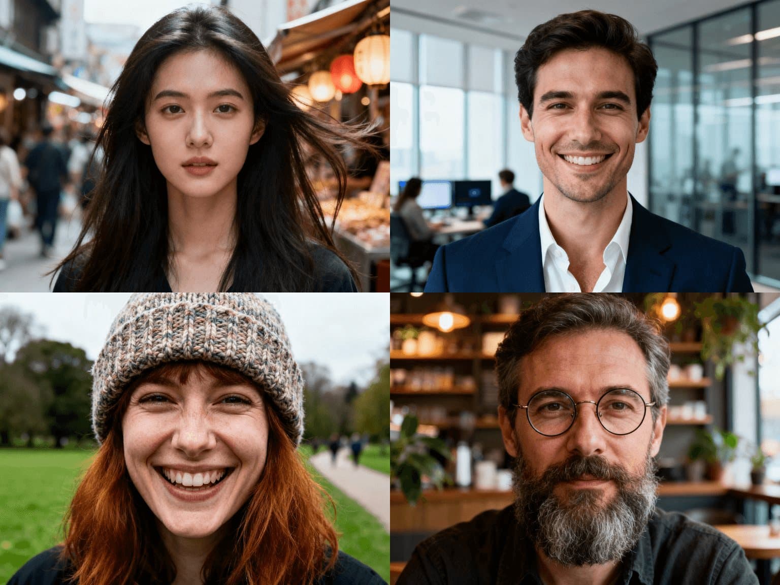 Bulk background remover before and after: four portraits — long hair in the wind, a suit headshot, a beanie hat, a bearded man with glasses — batch cut out with hair-level edges — before