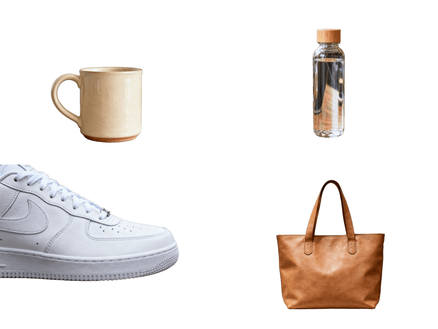 Bulk background remover before and after: a batch of four product photos — ceramic mug, glass bottle, sneaker, leather bag — cut out of cluttered backgrounds into transparent PNGs — after