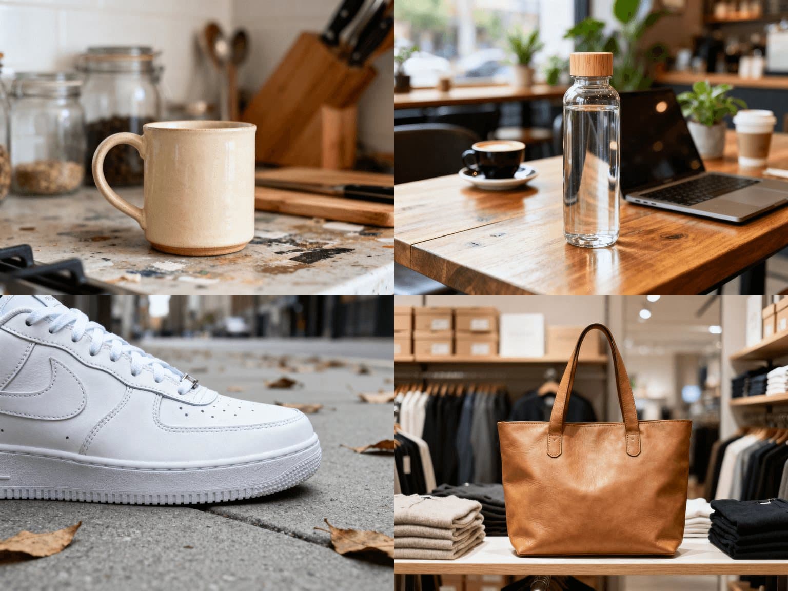 Bulk background remover before and after: a batch of four product photos — ceramic mug, glass bottle, sneaker, leather bag — cut out of cluttered backgrounds into transparent PNGs — before