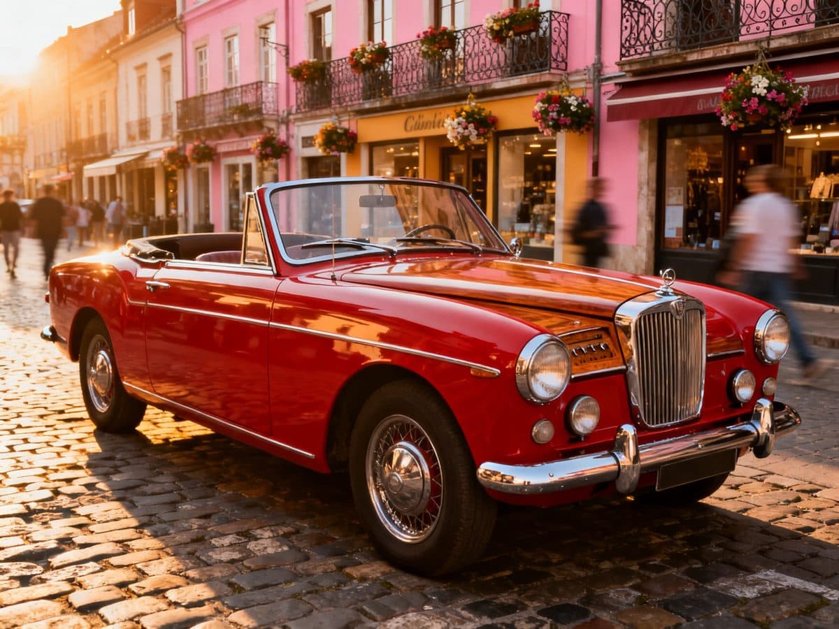 Background remover before and after: a vintage red convertible cut out of a cobblestone street, crisp hard edges — before Background remover before and after: a vintage red convertible cut out of a cobblestone street, crisp hard edges — before