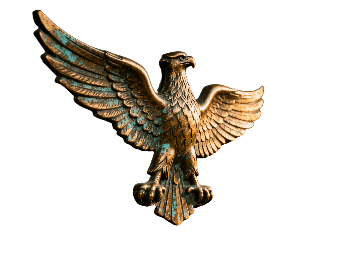 Background remover before and after: a brass eagle emblem cut out from a shop door, clean metallic edges — after Background remover before and after: a brass eagle emblem cut out from a shop door, clean metallic edges — after