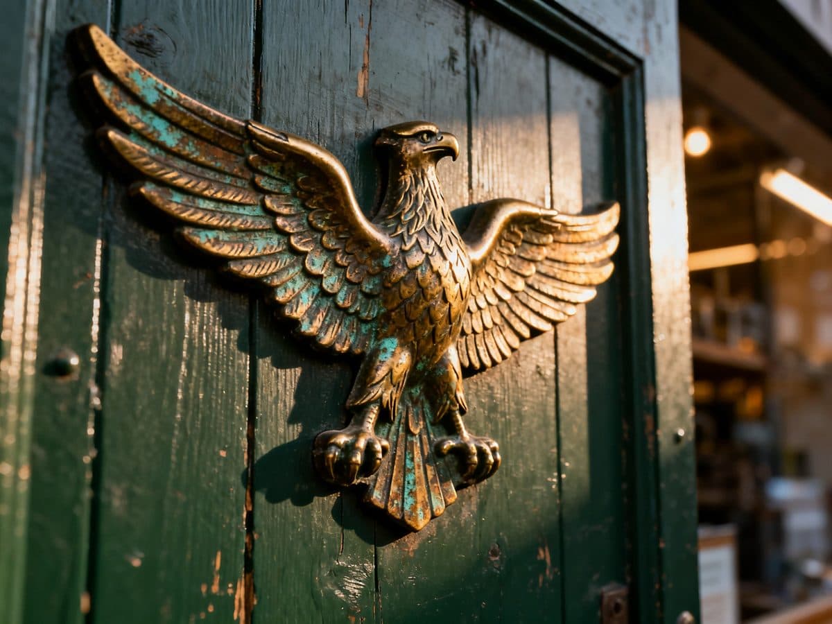 Background remover before and after: a brass eagle emblem cut out from a shop door, clean metallic edges — before Background remover before and after: a brass eagle emblem cut out from a shop door, clean metallic edges — before