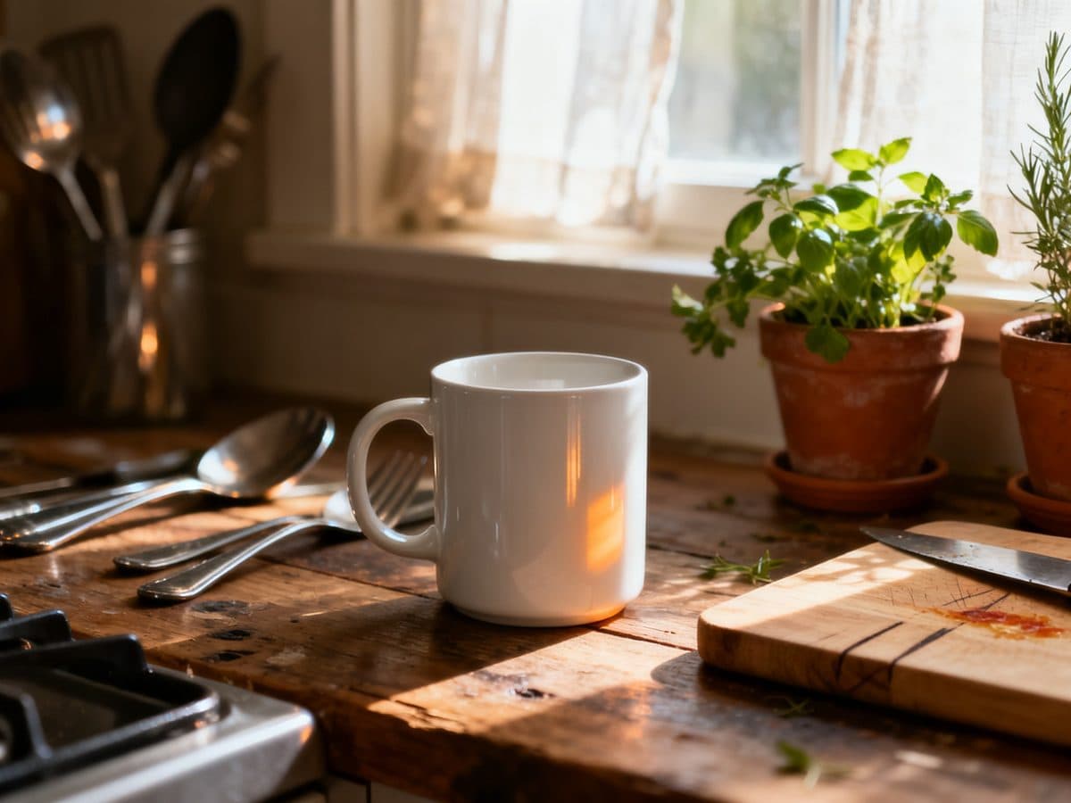 Background remover before and after: a ceramic mug cut out of a cluttered kitchen counter — before Background remover before and after: a ceramic mug cut out of a cluttered kitchen counter — before