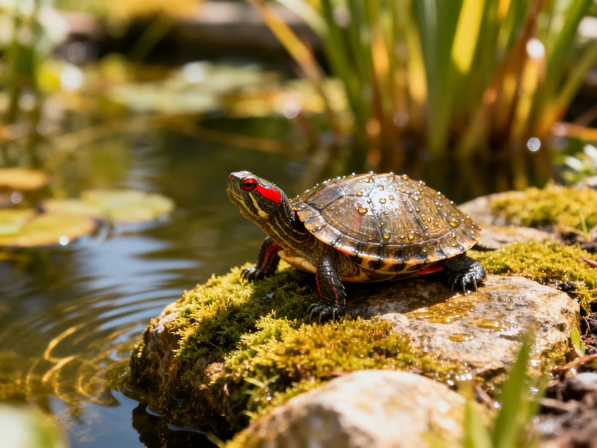 Background remover before and after: a pet turtle cut out from a pond-side rock photo, clean shell edges — before Background remover before and after: a pet turtle cut out from a pond-side rock photo, clean shell edges — before